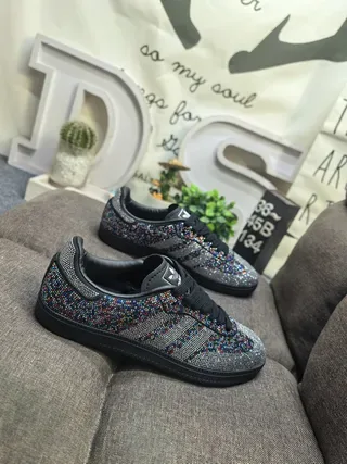 Adidas Black Silver Crystal-Embellished Three-Stripe Lifestyle Sneakers 9