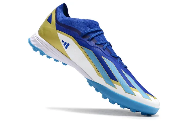 Adidas azul amarillo bajo superior sintético tres rayas panel lateral césped artificial zapatos de fútbol 2