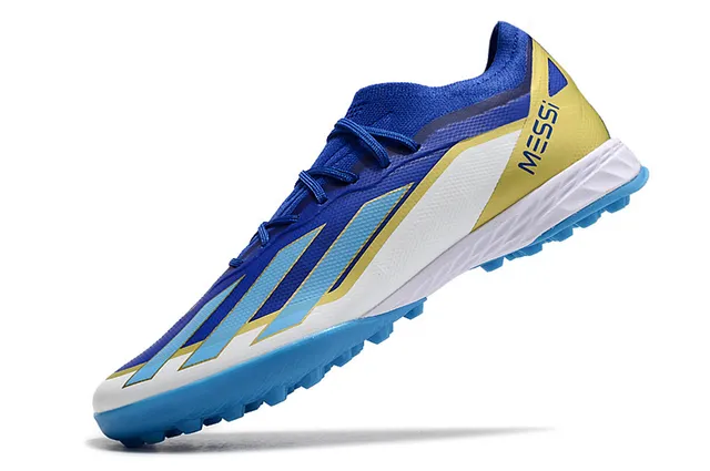 Adidas azul amarillo bajo superior sintético tres rayas panel lateral césped artificial zapatos de fútbol 3