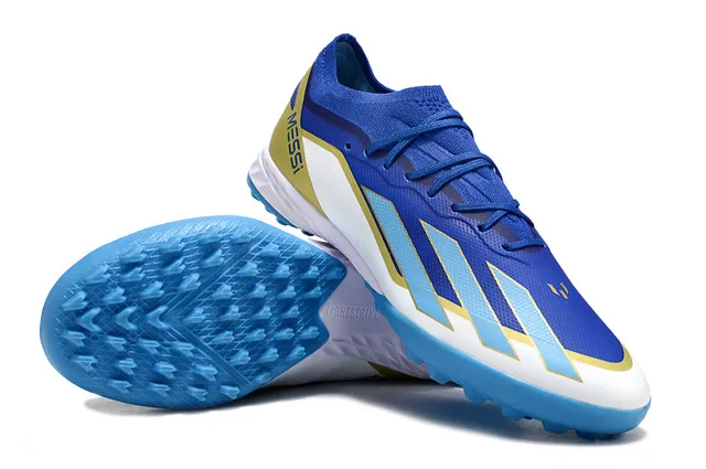 Adidas azul amarillo bajo superior sintético tres rayas panel lateral césped artificial zapatos de fútbol 4