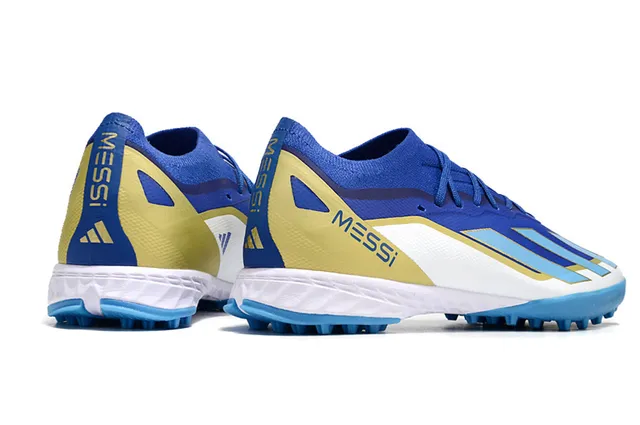 Adidas azul amarillo bajo superior sintético tres rayas panel lateral césped artificial zapatos de fútbol 5