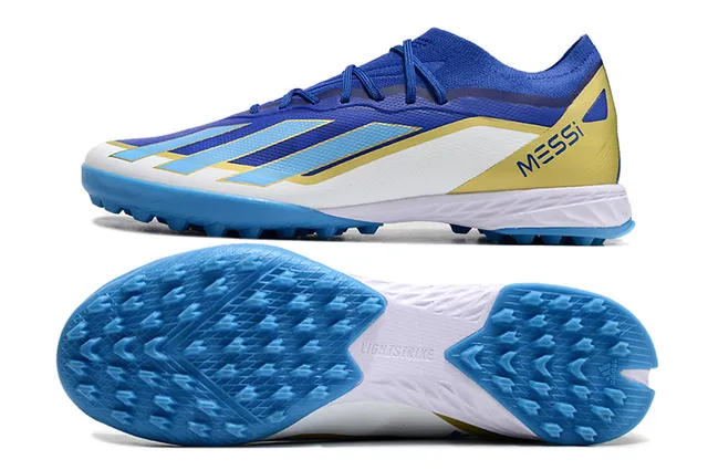 Adidas azul amarillo bajo superior sintético tres rayas panel lateral césped artificial zapatos de fútbol 6