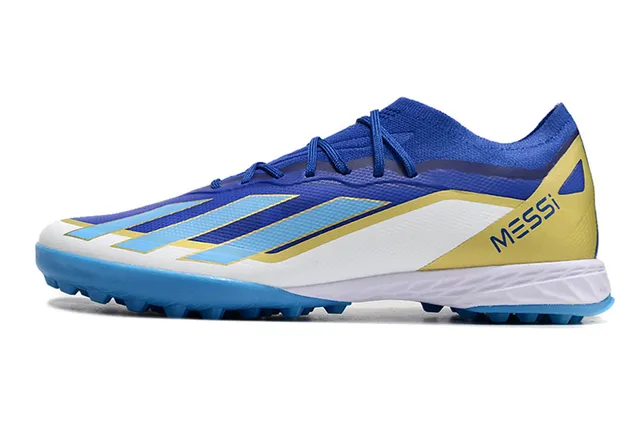 Adidas azul amarillo bajo superior sintético tres rayas panel lateral césped artificial zapatos de fútbol 7