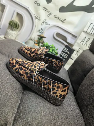 Adidas Brown Black Leopard-Print Haircalf Metal Strap Closure Loafer 7