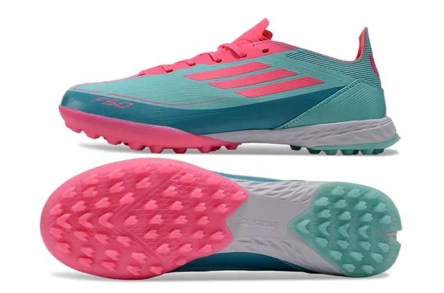 Adidas F50 Chuteira para gramado upper de malha leve azul rosa silhueta baixa 5
