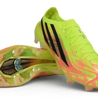 Adidas F50 नियोन पीला गुलाबी सिंथेटिक अपर ब्लैक थ्री स्ट्राइप फर्म ग्राउंड फुटबॉल जूते
