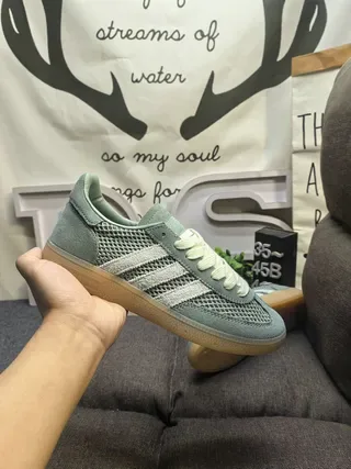 Adidas Green Beige Mesh-Suede Hybrid Upper Three-Stripe Side Branding Lifestyle Sneakers 5