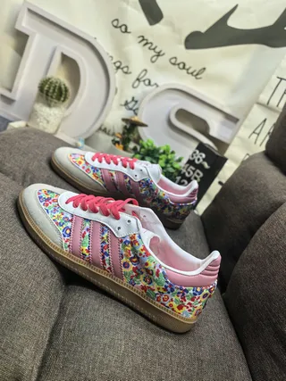 Adidas Multicolor Pink Floral-Print Textile Upper Accent Stripes And Laces Lifestyle Sneakers 7
