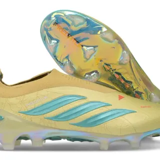 Adidas Predator Beige Blue Sock-Fit Collar Iridescent Holographic Heel Firm-Ground Soccer Shoes