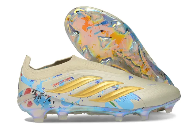 Adidas Predator Beige Multicolor Laceless Sock-Fit Upper Iridescent Holographic Outsole Firm-Ground Soccer Shoes 1