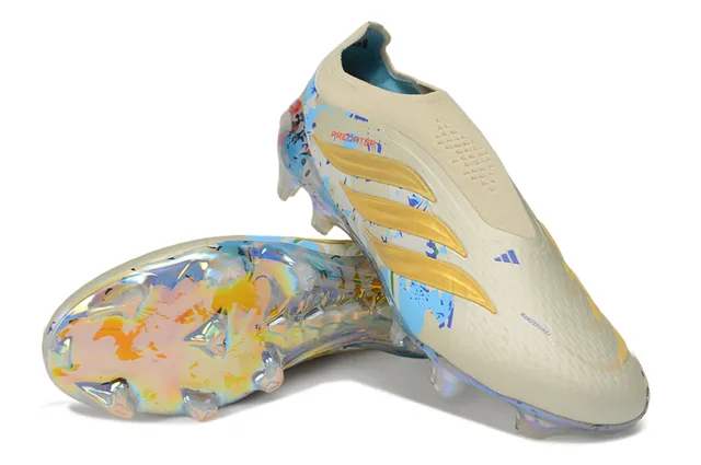 Adidas Predator Beige Multicolor Laceless Sock-Fit Upper Iridescent Holographic Outsole Firm-Ground Soccer Shoes 4