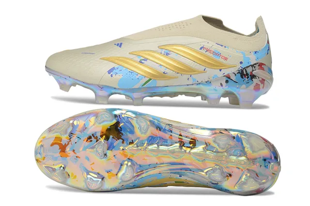Adidas Predator Beige Multicolor Laceless Sock-Fit Upper Iridescent Holographic Outsole Firm-Ground Soccer Shoes 6