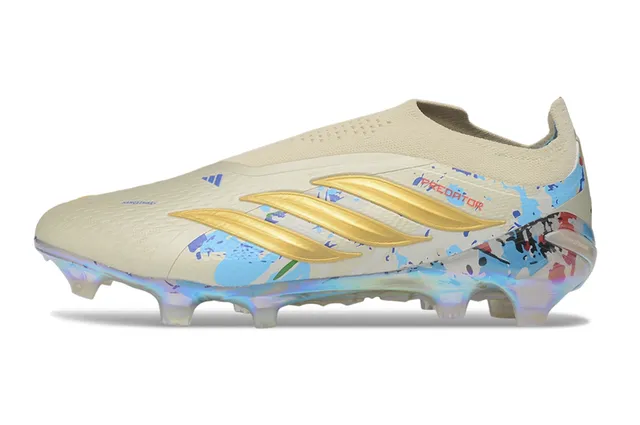 Adidas Predator Beige Multicolor Laceless Sock-Fit Upper Iridescent Holographic Outsole Firm-Ground Soccer Shoes 7