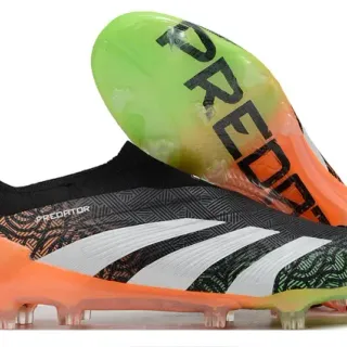 Adidas Predator Black Orange Sock-Fit Collar Patterned Synthetic Upper Firm-Ground Soccer Shoes