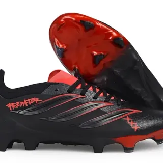 Adidas Predator Black Red Low-Cut Bootie Collar Synthetic Leather Upper Firm-Ground Soccer Shoes