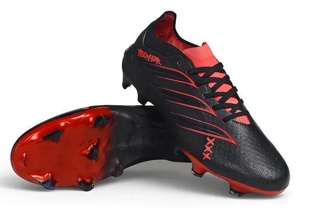Adidas Predator কালো লাল লো-কাট বুটি কলার সিন্থেটিক লেদার আপার ফার্ম-গ্রাউন্ড সকার জুতো 4