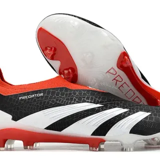Adidas Predator Negro Rojo Patrón de escamas texturizado Upper Cuello a calcetín Césped firme Zapatos de fútbol