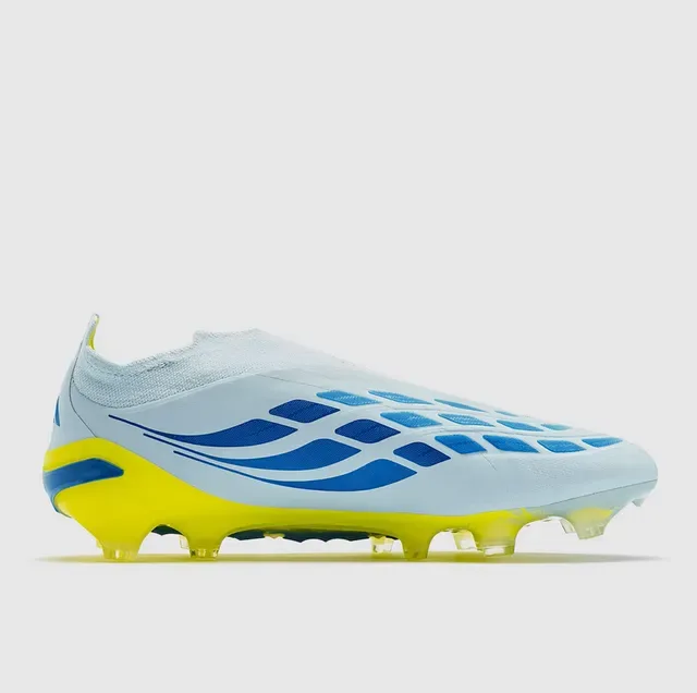 Adidas Predator Azul Amarelo Knit Upper Sock-Fit Collar Firm-Ground Sapatos de Futebol 5