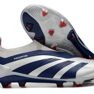 Adidas Predator Silver Navy Sock-Fit Collar Three-Stripe Overlay Firm-Ground Soccer Shoes
