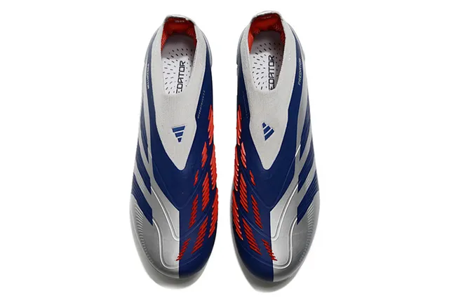 Adidas Predator Silver Navy Sock-Fit Collar Three-Stripe Overlay Firm-Ground Soccer Shoes 2