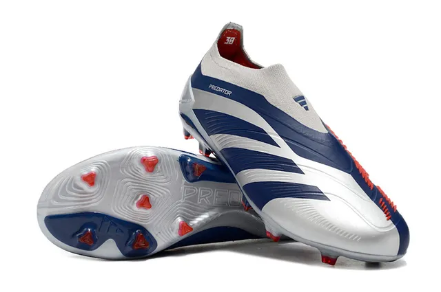 Adidas Predator Silver Navy Sock-Fit Collar Three-Stripe Overlay Firm-Ground Soccer Shoes 3
