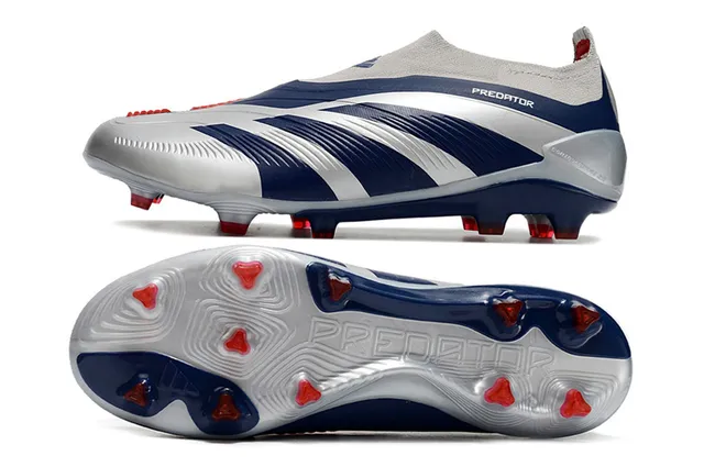 Adidas Predator Silver Navy Sock-Fit Collar Three-Stripe Overlay Firm-Ground Soccer Shoes 5
