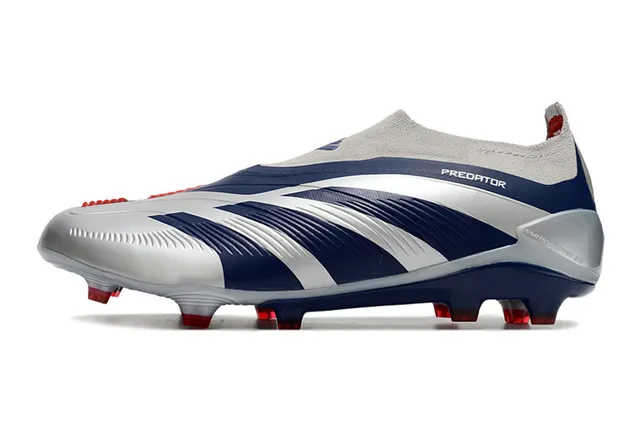 Adidas Predator Silver Navy Sock-Fit Collar Three-Stripe Overlay Firm-Ground Soccer Shoes 8