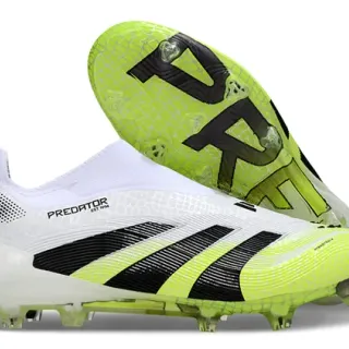 Adidas Predator White Green Low-Cut Sock-Fit Collar Textured Cage Upper Firm-Ground Soccer Shoes
