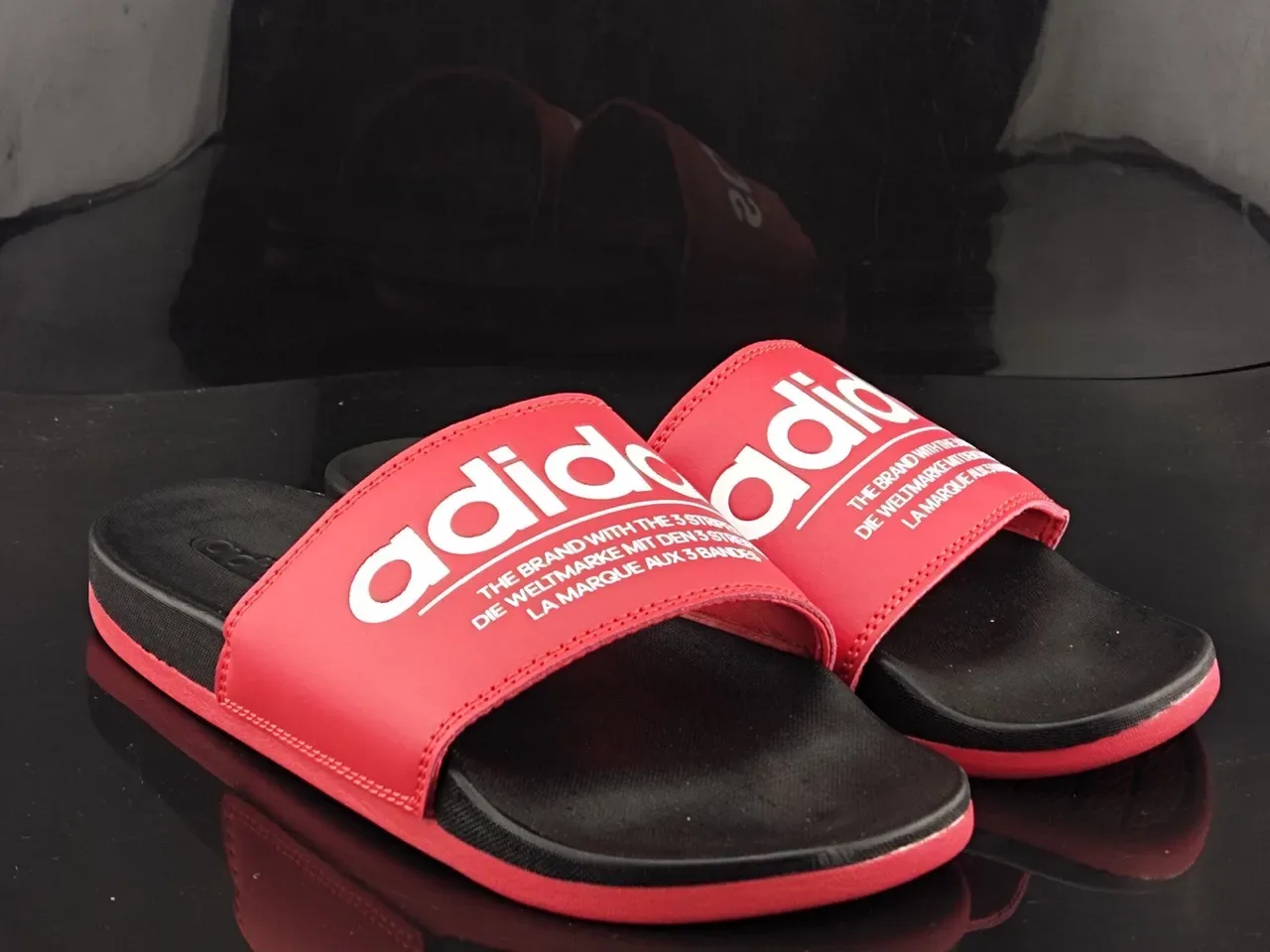 Adidas Red Black Wide Branded Strap Stitched Upper Slippers 4