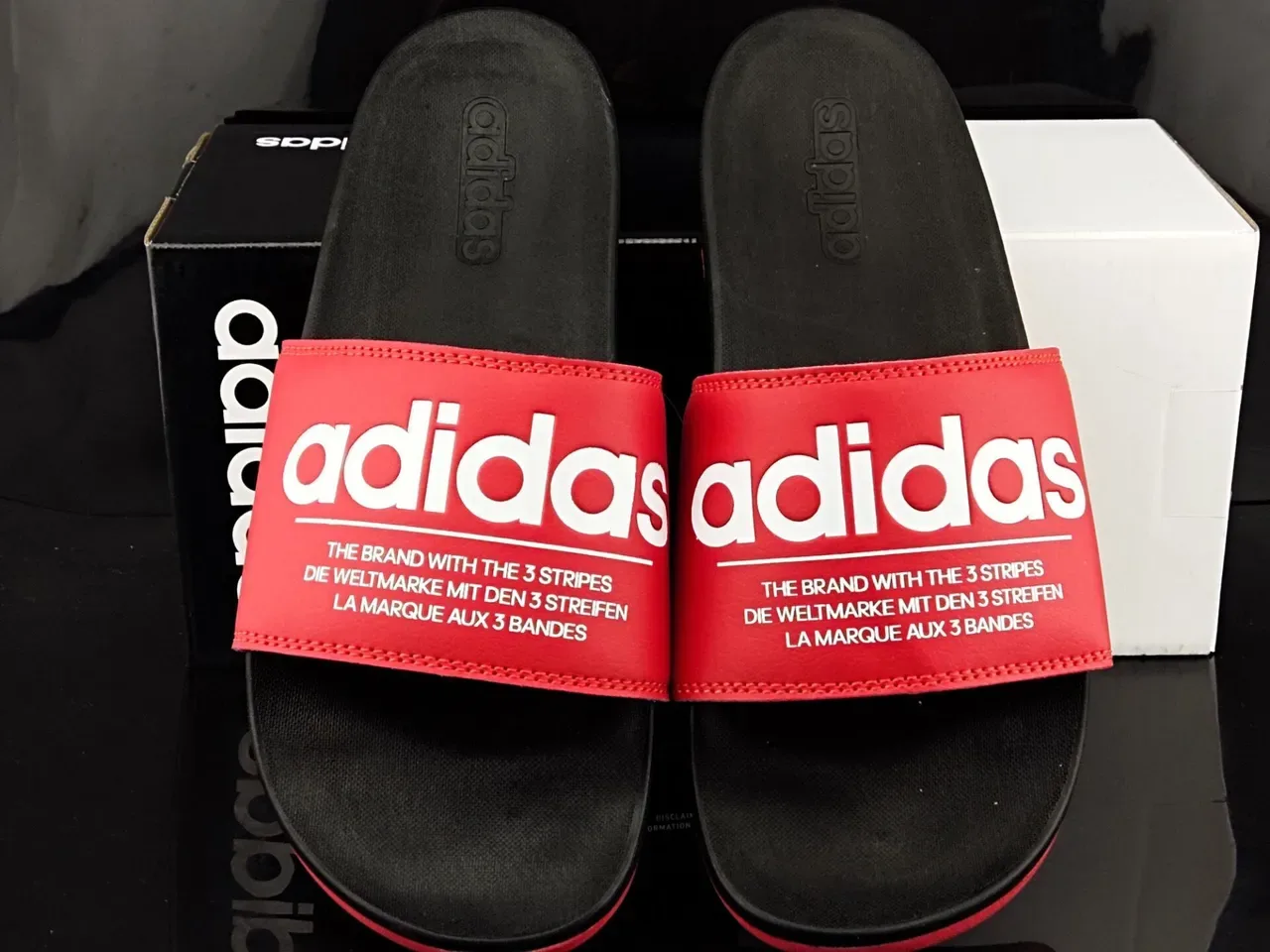 Adidas Red Black Wide Branded Strap Stitched Upper Slippers 5