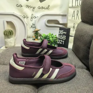 Adidas Samba Burgundy Beige Laceless Three-Stripe Side Panel Mary Jane Shoes