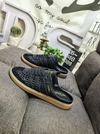 Adidas Samba Woven Leather Black Gold Gum Loafers 7