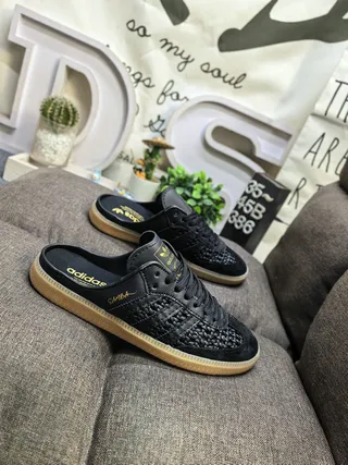 Adidas Samba Woven Leather Black Gold Gum Loafers 9