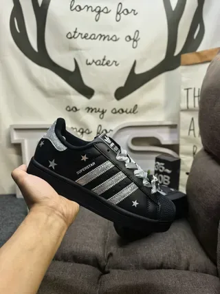 Adidas Superstar Black and Silver Glitter Star Lifestyle Sneakers 5