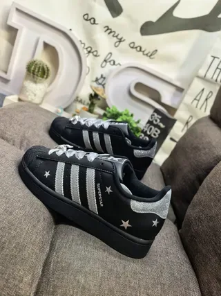 Adidas Superstar Black and Silver Glitter Star Lifestyle Sneakers 7