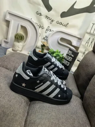 Adidas Superstar Black and Silver Glitter Star Lifestyle Sneakers 9