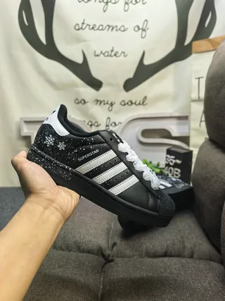 Adidas Superstar Black and White Glitter Snowflake Lifestyle Sneakers 5