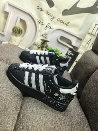 Adidas Superstar Black and White Glitter Snowflake Lifestyle Sneakers 7