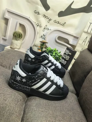 Adidas Superstar Black and White Glitter Snowflake Lifestyle Sneakers 9