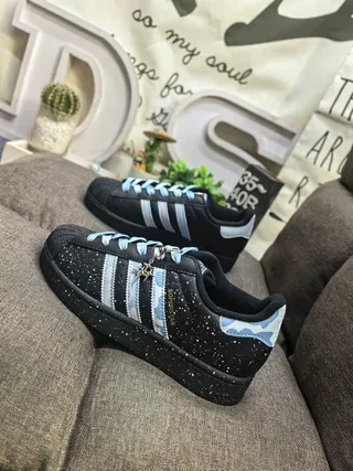 Adidas Superstar Black Blue Shell-Toe Speckled Upper Lifestyle Sneakers 7