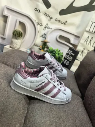 Adidas Superstar Gray and Purple Plaid-Lined Lifestyle Sneakers 19