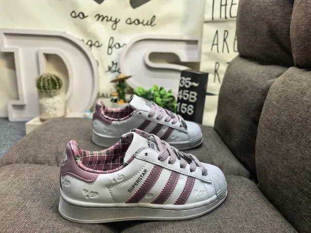 Adidas Superstar Gray and Purple Plaid-Lined Lifestyle Sneakers 21