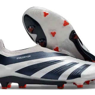 Adidas White Navy Laceless Sock-Fit Upper Molded Three-Stripe Overlay Firm-Ground Soccer Shoes
