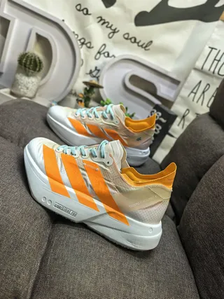 Adidas White Orange Lightweight Mesh Upper Three-Stripe Side Panel Running Shoes 7