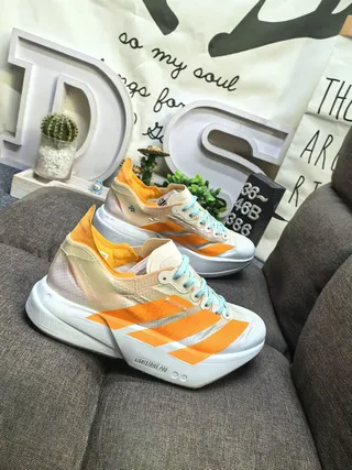 Adidas White Orange Lightweight Mesh Upper Three-Stripe Side Panel Running Shoes 9