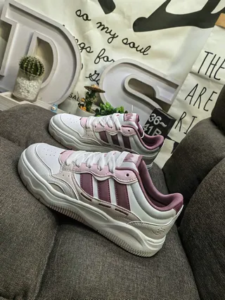 Adidas White Pink Platform Sole Three-Stripe Side Panel Chunky Sneakers 7