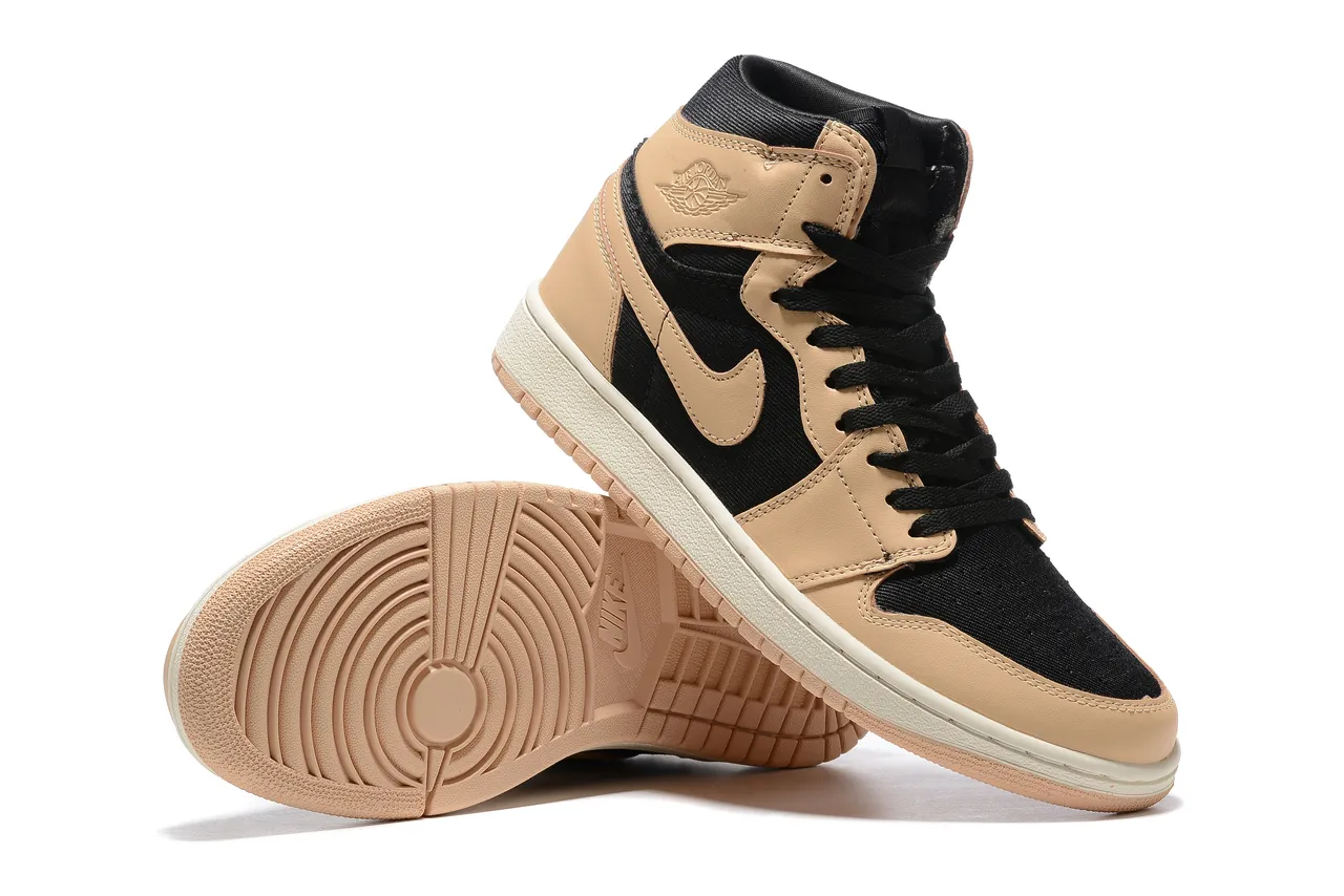 Air Jordan 1 Beige Black High-Top Leather-and-Textile Upper Basketball Shoes 5