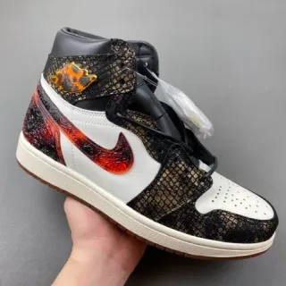 Air Jordan 1 High Top White Black Snake Print Red Swoosh Basketball Shoes