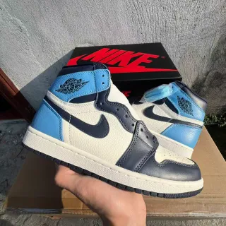 Air Jordan 1 White Blue High-Top Leather-Paneled Basketball Shoes