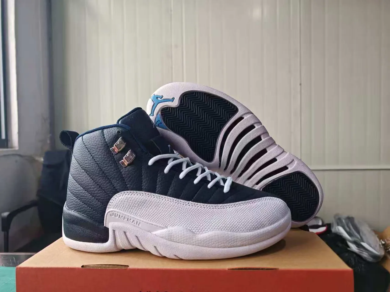 Air Jordan 12 Navy and White Quilted Leather Basketball Shoes 3
